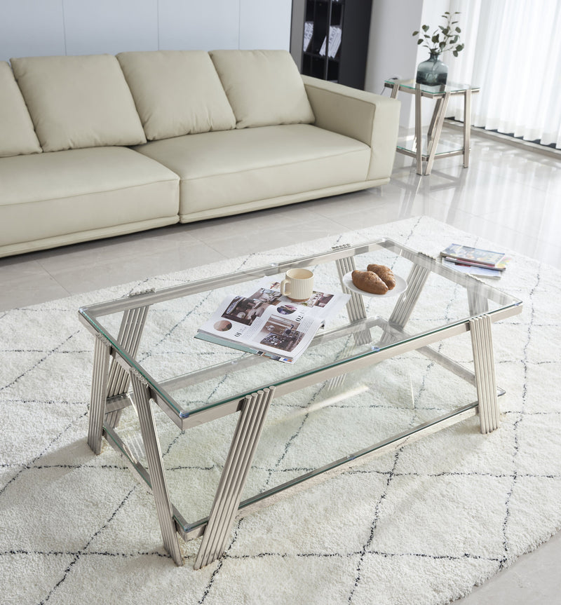 Modern Stainless Steel Coffee Table Set (Set of 2), Double-Layer Clear Tempered Glass Table Top, Coffee Table & End Side Table 2-Pieces Sets for Living Room Home Office, Silver