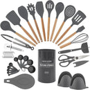 Country Kitchen Non Stick Silicone Utensil Set with Rounded Wood Handles for Cooking and Baking, 38 Piece Set, Gray by CozyNest Decor