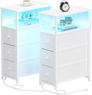 TUTOTAK Narrow LED Night Stand with Charging Station, Slim End Table with Plugins, Tall Side Table with 3 Fabric Drawer, Small Bedside Table with Storage, Set of 2, for Living Room, White TB01BW073L by CozyNest Decor