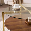 Round Coffee Table, Mid-Century Modern Design, D30“ x H17”, for Living Room, 2-Tier Structure, Clear Glass Top and Walnut MDF Shelf, Sleek Conical Metal Legs with Gold Finish by CozyNest Decor