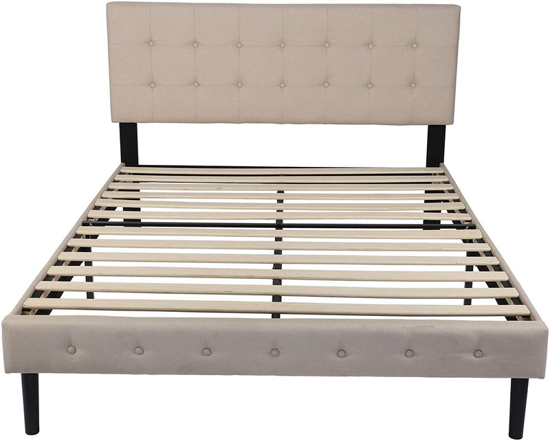 14 Inch Upholstered Platform Bed Frame with Headboard Mattress Foundation with Wood Slat Support No Box Spring Needed Beige (Full)