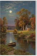 Small house by the stream under the moonlight tranquil style suitable for living room bedroom and office landscape poster wall art by CozyNest Decor