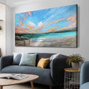 Arjun Ocean Teal Wall Art Canvas Coastal Beach Painting Blue Turquoise Landscape Sunset Picture, Panoramic Gold Foil Textured Large Artwork Framed for Living Room Bedroom Bathroom Wall Decor 40"x20" by CozyNest Decor