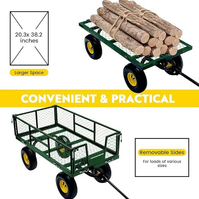Steel Garden Cart, 2-in-1 Heavy Duty Utility Wagon 900 LBS Capacity Carts with Removable Mesh Sides to Convert into Flatbed, 240° U-Turn 10" Pneumatic Tires Garden Wagon for Lawn Camping Farm Yard, photo 5 of 7