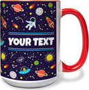 Personalized Mug for Kids - Outer Space - Custom Name/Text, Ceramic Hot Chocolate/Cocoa/Coffee Cup for Boys/Girls, Birthday/Christmas/Holiday Gift - 15 oz, Red Handle by TinyTreasures Baby Boutique