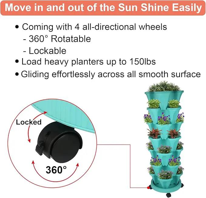 Vertical Planter 7 Tier Stackable Planters Garden Planters Strawberry Herb Flower and Vegetable Planter Indoor Outdoor Gardening Pots with Removable Wheels and Tools, photo 7 of 9