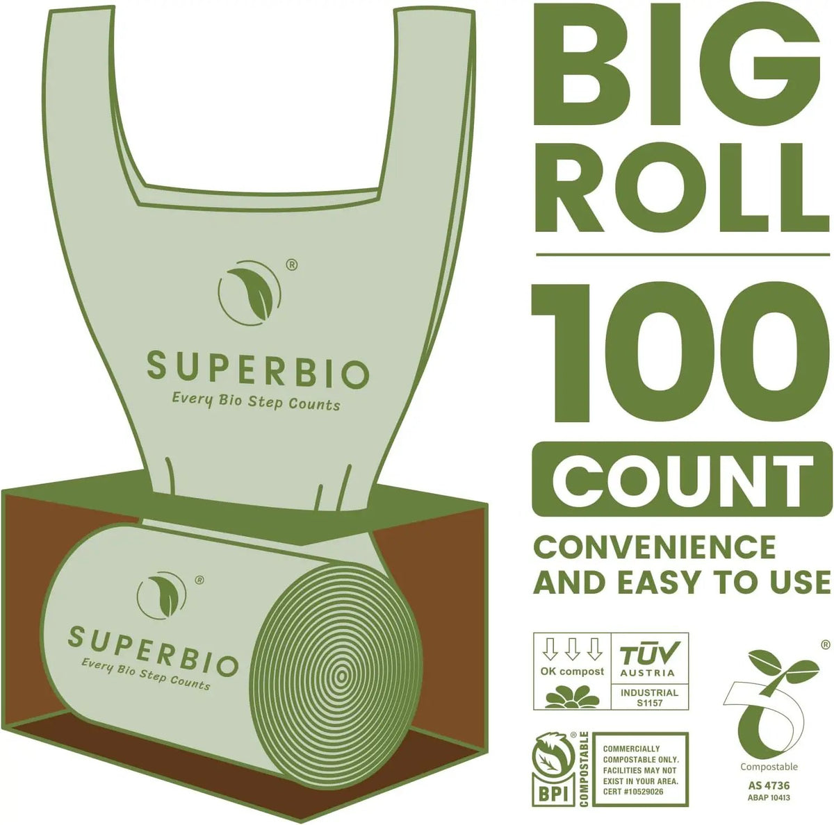 SUPERBIO 2.6 Gallon Compostable Bags, 100 Count, 2 Pack, 9.84L, Handle Tie Food Waste Bags, BPI and OK compost INDUSTRIAL Certified, photo 2 of 6