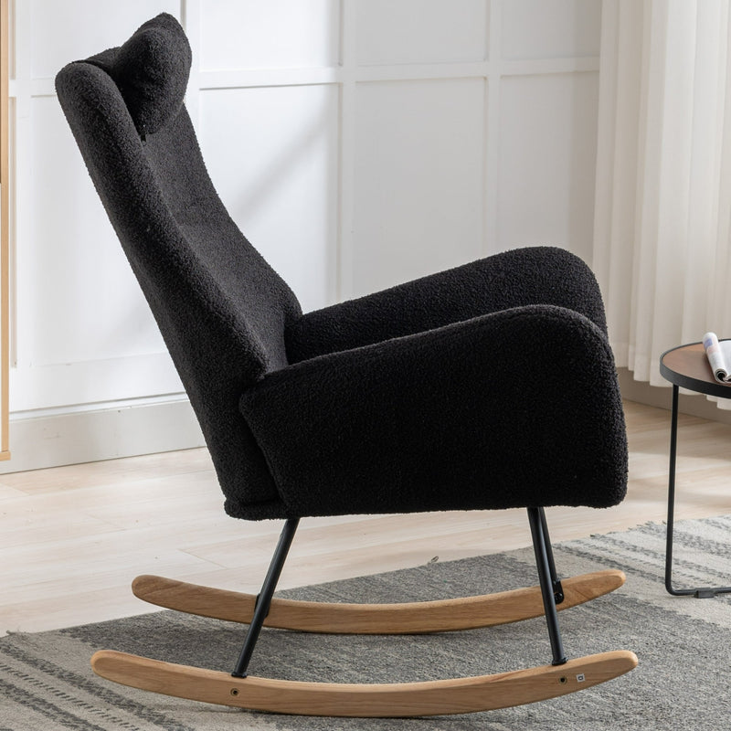 35.5 inch Rocking Chair with Pocket, Soft Teddy Fabric Rocking Chair for Nursery, Comfy Wingback Glider Rocker with Safe Solid Wood Base for Living Room Bedroom Balcony (black)