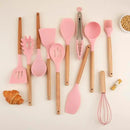 Silicone Cooking Utensils Set, Premium Beech Wood Handle Kitchen Gadgets Utensil Set, Non-Stick Kitchen Utensils Spatula, Tongs, Turner, Whisk, Brush, Spoon, BPA FREE, 446°F Resistant (Pink) by CozyNest Decor