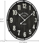 Large Old Town Farmhouse Wall Clock – 24 Inches Rustic Antique Wood with Metal Circle and Large Numerals, Silent Battery Operated Clock for Office, Kitchen, Bedroom, Living Room (Black) by CozyNest Decor