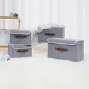 ANMINY 4PCS Storage Bins with Lid PU Leather Handles Storage Boxes PP Plastic Board Decorative Foldable Lidded Cotton Linen Fabric Home Cubes Baskets Closet Organizer Containers - Gray, Small Size by CozyNest Decor