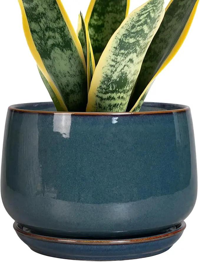 G EPGardening Ceramic Pot for Plants - Modern 7 Inch Round Planter with Drainage and Tray Indoor Outdoor for Flower, Porch Decor, Gardening Gifts, Retro Blue