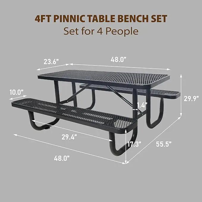 4FT Metal Picnic Tables for Outdoors, Commercial Rectangular Picnic Table and Bench Set for Outside, Patio, Garden, Backyard, Porch, Surface Mount, Black, photo 3 of 8