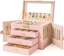 AKOZLIN Large 4-Tier Jewelry Box Leather Jewelry Storage Organizer with 3 Drawers Lockable for Women Girls Ring Necklace Earring Bracelet Watches Holder with Mirror Pink by TinyTreasures Baby Boutique