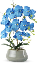 Orchid Artificial Flowers with Gray Vase Large Silk Faux Phalaenopsis Flowers for Dining Room Table Floral Centerpieces Indoor Decoration,Blue by CozyNest Decor