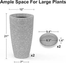 Tall Flower Pot Indoor - Outdoor Plant Pot - Gray Rough Planter - Elegant Stone Imitation - 12" Diameter 21" Tall with Drainage Holes and Saucer by CozyNest Decor