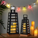 Glitzhome Set of 2 Modern Trapezoid Metal/Wood Decorative Lanterns,Large Candle Lanterns for Living Room,Home,Indoor, Outdoor,Table,Fireplace Mantle Decor -Black(No Glass) by CozyNest Decor