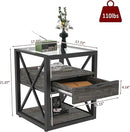 Farmhouse End Table Set of 2, Modern Side Table with Drawer&3-Tier Storage Shelf, Square Rustic Nightstand, Accent Tea Table, for Bedroom Office Living Room, Grey, Natural Wood, Glass, Metal by CozyNest Decor