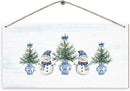 DUXMNAMG Chinoiserie Snowman Winter Hanging Wooden Signs 12x6, Blue and White Porcelain Snowman Sign, Winter ChristmasTree Blue Bow Snowman Chinoiserie Signs for Home Room Office Hanging Wall Decor by CozyNest Decor