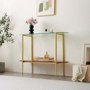 Oval Glass Console Table for Living Room, Foyer & Entrance, 2-Tiers Mid-Century Modern Sofa Table with Clear Glass Top, Walnut Finish Wood Shelf and Gold Finish Frame by CozyNest Decor