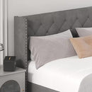 Queen Size Bed Frame with LED Lights, Upholstered Bed Frame with Wingback Diamond Tufted Headboard, Wood Slats Support, Noise-Free, Easy Assembly, No Box Spring Needed, Grey