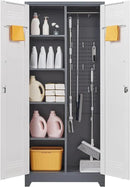 Garage Storage Cabinet,Broom Closet with Lock,Locking Cabinets with Hanging Rod & S-Hooks for School,Garage,Grey-White by CozyNest Decor