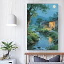 Moonlight under the big tree creek cabin scenery is suitable for posting in the living room bedroom office scenery poster wall painting by CozyNest Decor
