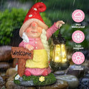 Solar Garden Gnome Statue Holding LED Lantern with Welcome Sign Outdoor Ornaments Waterproof Christmas Decoration for Outside Patio Yard Lawn Decor (Pink) by CozyNest Decor