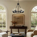 Black Wagon Wheel Chandelier, 24 Inch Black Chandeliers with Unique Glass Shade, 6-Light Crystal Farmhouse Wagon Wheel Chandeliers for Dining Room, Round Chandelier for Living Room, Foyer, Entryway by CozyNest Decor