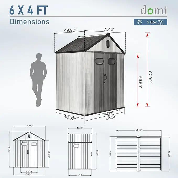 Domi 6x4 FT Outdoor Resin Storage Shed, All-Weather Double-Wall Storage Building for Backyard, Garden, Lawn Tools, Mower, Bike & Pool Equipment, Lockable Doors, Ventilated Roof, Grey, photo 3 of 9