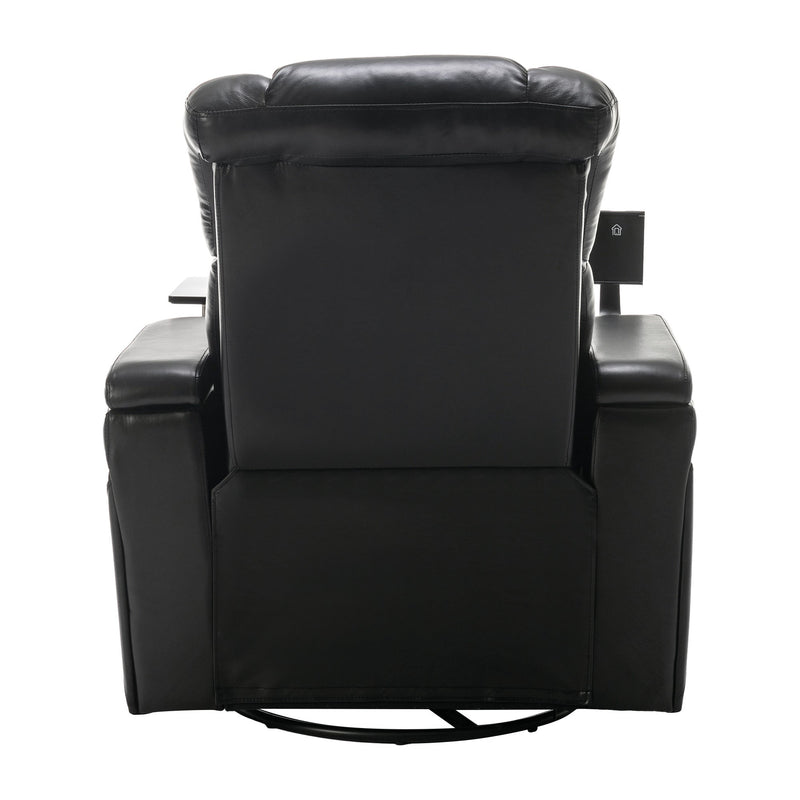 270 Degree Swivel PU Leather Power Recliner Individual Seat Home Theater Recliner with Comforable Backrest, Tray Table, Phone Holder, Cup Holder, USB Port, Hidden Arm Storage for Living Room, Black