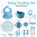 O'doe 17-Piece BPA-Free Silicone Baby Feeding Set | Thick & Soft Suction Plates, Baby Bowls, Wooden Fork & Spoon, and More | Make Mealtime Fun and Easy for Your Little One (Blue, V2) by TinyTreasures Baby Boutique
