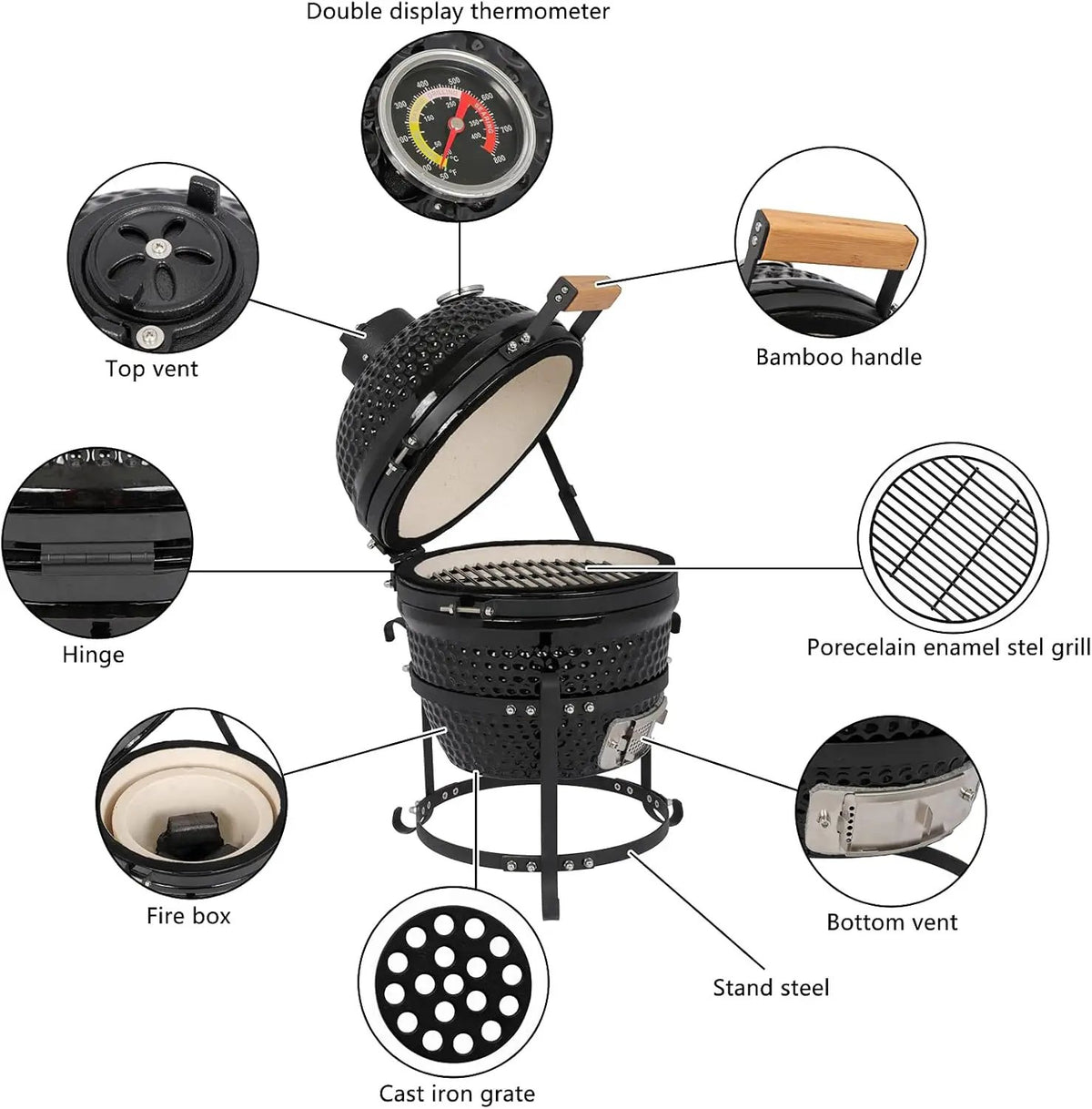 13" Round Ceramic Kamado Charcoal Grill - Heavy-Duty Black Outdoor BBQ Smoker with Heat Retention, Portable Egg Design for Grilling, Smoking, Baking & Roasting (Includes Ash Tool), photo 3 of 6