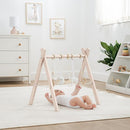 Comfy Cubs Wooden Baby Play Gym - Natural Finish Pinewood Baby Activity Gym with 5 Sensory Hanging Toys - Easy No-Tool Assembly, Safe and Durable for Infant Motor and Visual Development - Blush by TinyTreasures Baby Boutique