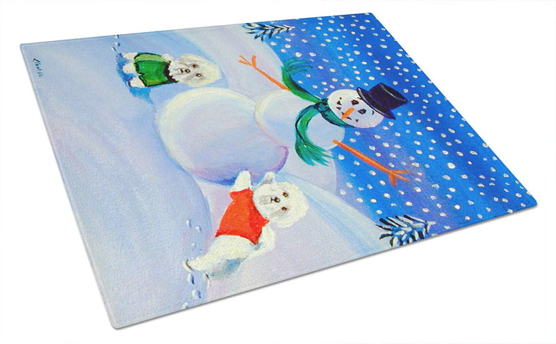 Snowman with a  Bichon Frise Glass Cutting Board Large