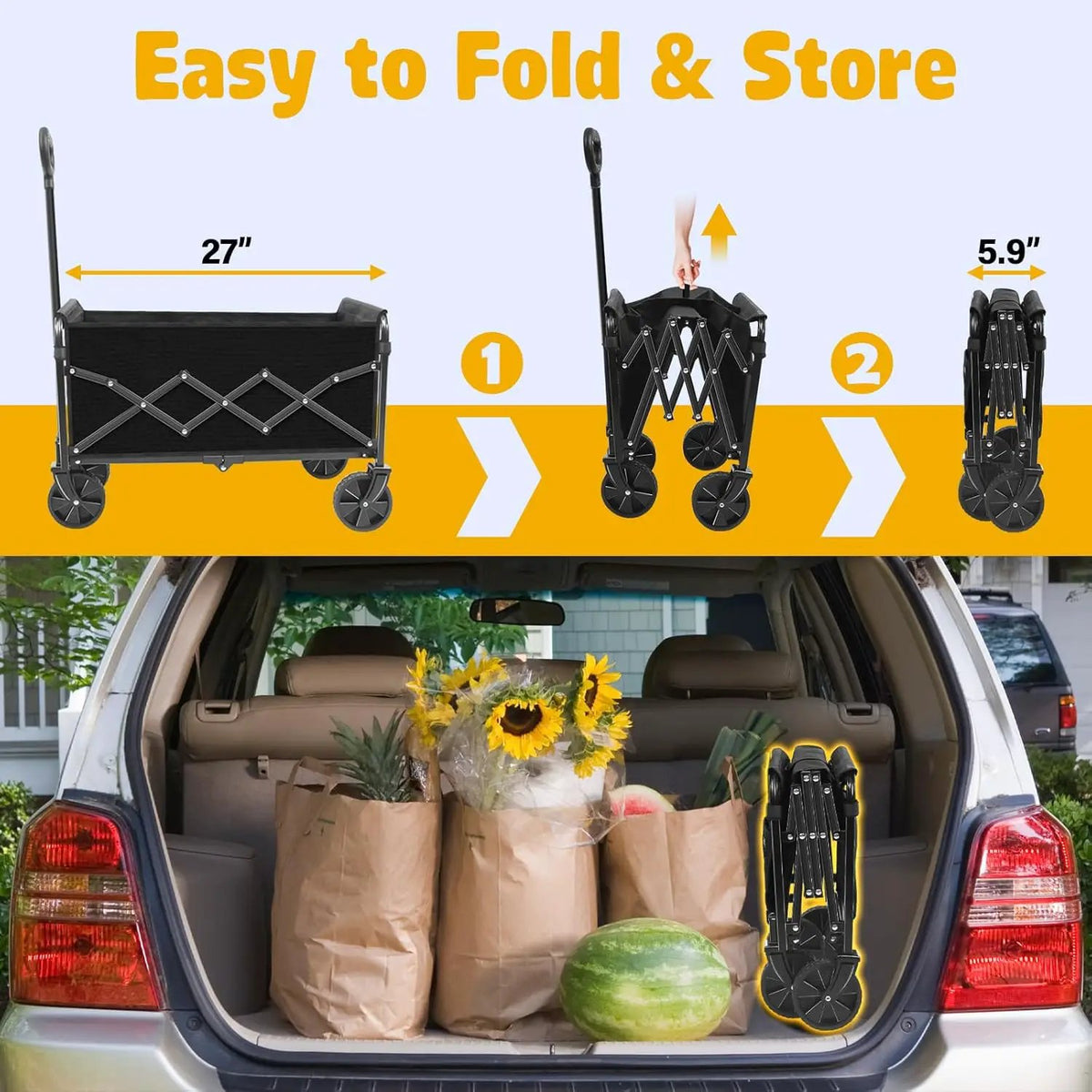 Wagon Cart Foldable, 360Lbs Collapsible Wagon Cart with Wheels Portable, Outdoor Utility Carts for Groceries, Camping, Sports, Garden, Shopping, Black, photo 4 of 6