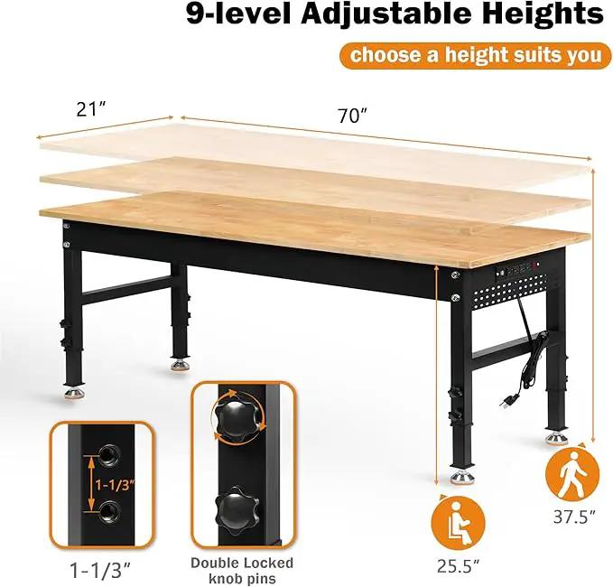 70" Adjustable Height Workbench, 2000 LBS Heavy Duty Work Table with Power Outlets & Pegboard, Rubber Wood Workstation for Garage, Workshop, Office, Home, Commercial, photo 3 of 7