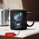 Customized Name Coffee Cup 11oz 15oz, Personalized Northern Lights Landscape Mug, Scenic Mountain And River Black Cup, Custom Northern Lights Inspired Ceramic Mug, Gift For Women by CozyNest Decor