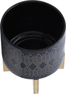 Sagebrook Home Black and Gray Aztec Design Ceramic Planter with Solid Rubberwood Stand for Tabletop Display in Living Room, Bedroom, or Office by GreenHaven Gardens