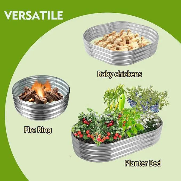 60X32X12 Inches Oval Galvanized Metal Garden Raised Bed/Plant Box for Planting,32 Inches Diameter Iron Fire Pit Ring,Small Animal Fence-3 in 1 Modular Design in Silver (5X2.7X1 FT, Oval), photo 2 of 9
