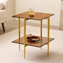 Glass End Table, Mid-Century Modern Design Sofa Table, L41 x W21 x H17, for Living Room, 2-Tier Structure, Clear Glass Top and Walnut MDF Shelf, Sleek Conical Metal Legs with Gold Finish Frame by CozyNest Decor