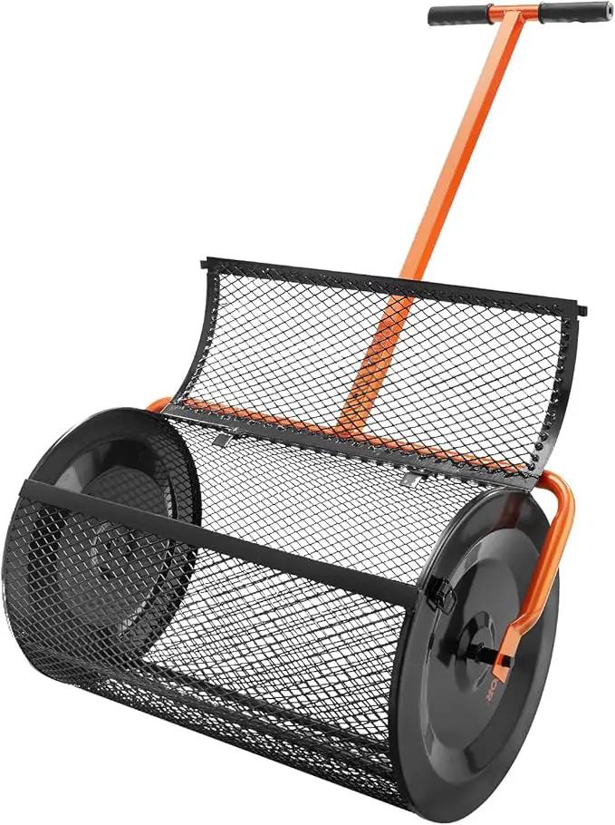 VEVOR Compost Spreader, 24.4-25.6" Height Adjustable Handle, 24" Wide, Lawn and Garden Peat Moss Roller with Side Latches, Powder Coated Steel Mesh Basket for Spreading Manure, Topsoil, Black, photo 9 of 9