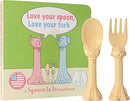 Made in USA Spoon la la Toddler Utensils Set (2 Pack) & Board Book - Spoon & Fork for Kids, Self-Standing 3D Ergonomic Cat & Dog Handles, BPA-free, Dishwasher Safe Baby Silverware (Yellow) by TinyTreasures Baby Boutique