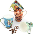 Coffee Mug Sets of 4, 12oz Bone China Porcelain Cups with Art Print Large Handle Dishwasher Microwave safe for Tea Cocoa or Hot Chocolate by CozyNest Decor