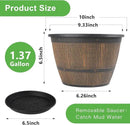 10-inch-Plant-Pots-Indoor-Outdoor, 4 Pack Whiskey Barrel Planters with Drainage Holes & Saucer, Plastic Flower Pots Imitation Wine Barrel Design, Decorative Garden Pots for Plants by GreenHaven Gardens