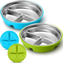 Nuogo 2 Pcs Stainless Steel Baby Suction Plates with Removable Silicone Shell 2-in-1 Metal Toddler Bowl Divided for Picky Eaters Kids Feeding Led Weaning Supplies, Dishwasher Safe (Green, Blue) by TinyTreasures Baby Boutique