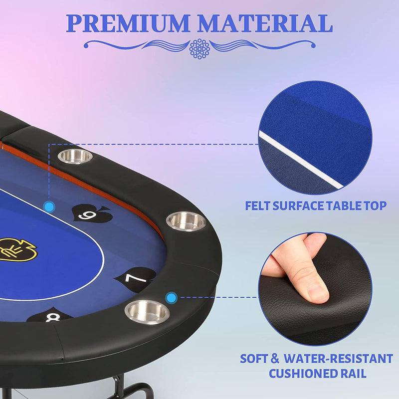 10 Player Folding Poker Table 84" Casino Texas Holdem Blue Felt Surface Game Table with Stainless Steel Cup Holder