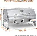 Tabletop Gas Grill 3 Burners, Stainless Steel Portable Propane Grill with Foldable Legs for Outdoor Patio Backyard Camping, Tailgating, RV Trip, Heavy Duty & 24000BTU, GS307 by GreenHaven Gardens