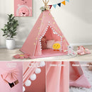 Teepee Tent for Kids with Padded Mat Cotton Canvas Kids Tent with Pompom for Toddlers Indoor Play Tent for Girls Boys with Stars Lights, Carry Bag, Banner Flag (Pink) by TinyTreasures Baby Boutique