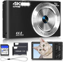 Digital Camera 4K, Upgrade Black Cameras for Teens, Autofocus Digital Point and Shoot Camera for Kids with 16X Zoom, 64GB SD Card, Compact Small Camera for Boys Girls Teens Kids Gift by TinyTreasures Baby Boutique